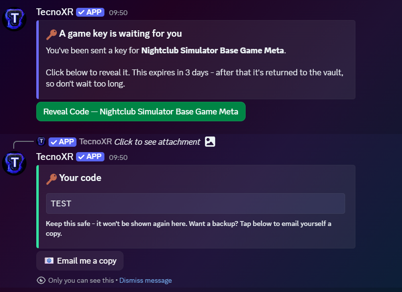 TecnoCore Game Keys Vault auto-DMing a Discord user a Reveal Code button, with the revealed key shown